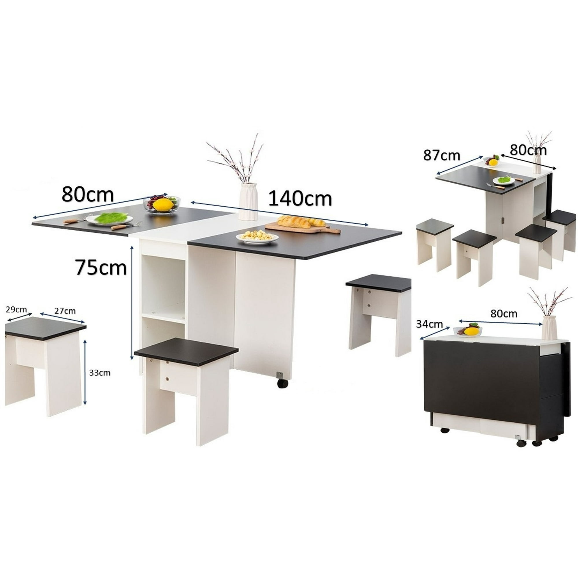 Comedor Plegable Multiuso + 4 Taburetes Blanco/Negro