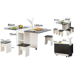 Perfectseat - Comedor Plegable Multiuso + 4 Taburetes Blanco/Negro