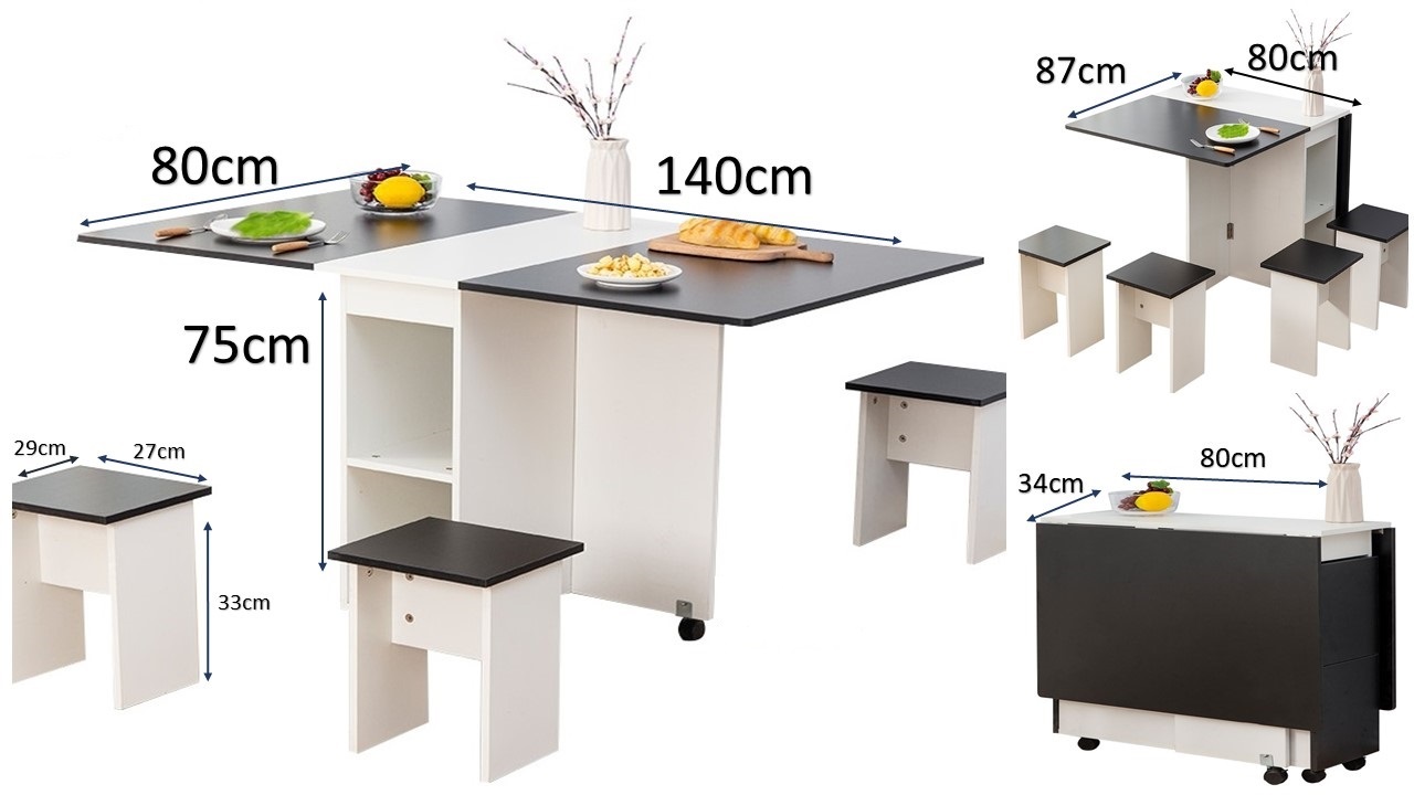 Perfectseat - Comedor Plegable Multiuso + 4 Taburetes Blanco/Negro