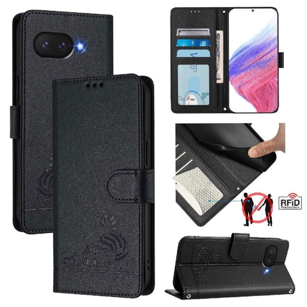 Funda tipo cartera FOXDOCK para Google Pixel 9A con soporte, ranuras, RFID, diseño de gato
