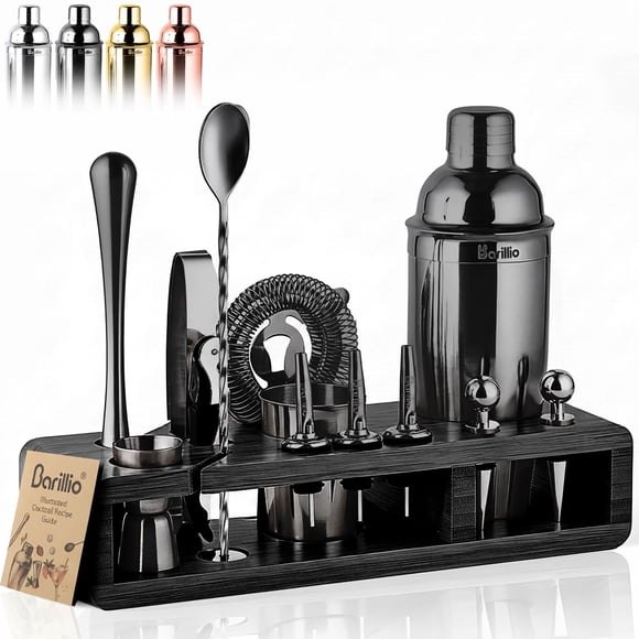 Kit Bartender Barillio de acero inoxidable negro, 23 unidades, con soporte