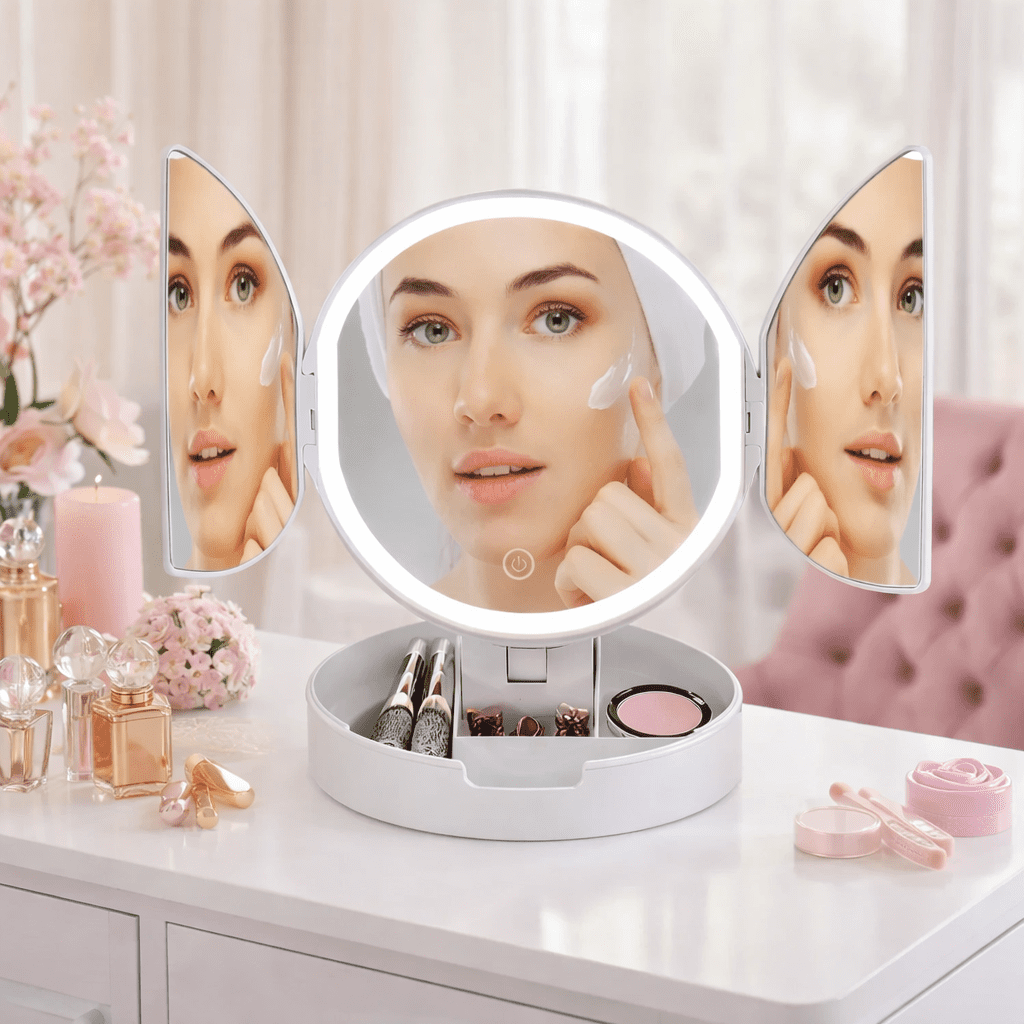 Tecnocasa - Espejo Triple Con Compartimiento Tocador Aumento 5x Luz Led Blanco