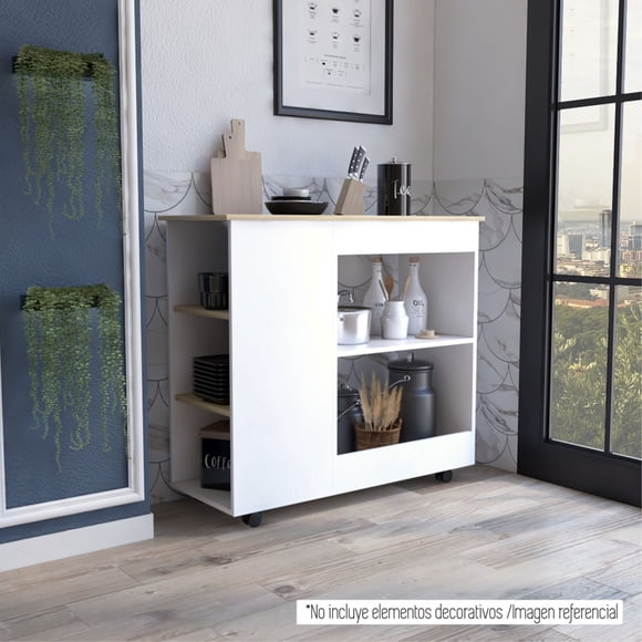 Isla De Cocina Bi-Color Con Ruedas 89,6x100x40 Cm Blanco Y Duna