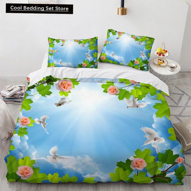 v2684 Bed Sheets Blue Sky King Queen Duvet Cover Pink Flowers White Flying Bird Bedding Set for Kids Teens Adults Natural Scenery Quilt Cover 3-Piece Bedding Set (1 Duvet Cover + 2 Pillow Shams) Bed S