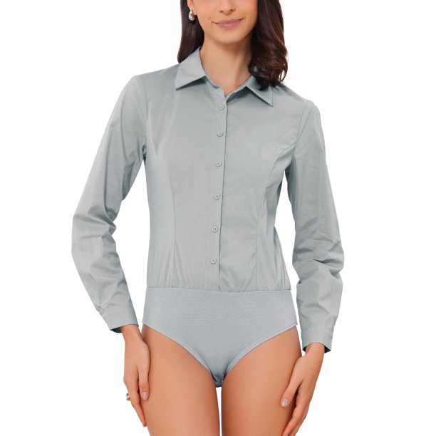 INSPIRE CHIC Camisa de Trabajo para Mujer con Botones, Cuello con Solapa, Manga Larga, Parte Superior, Talla L, Gris