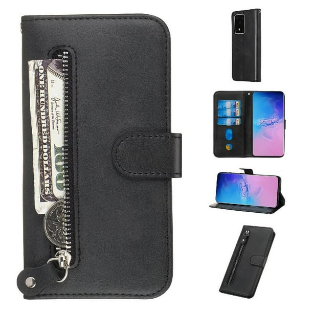 Funda con Cremallera para Samsung Galaxy S20 Ultra, Carcasa Cartera de Cuero PU con Soporte y Tarjetero