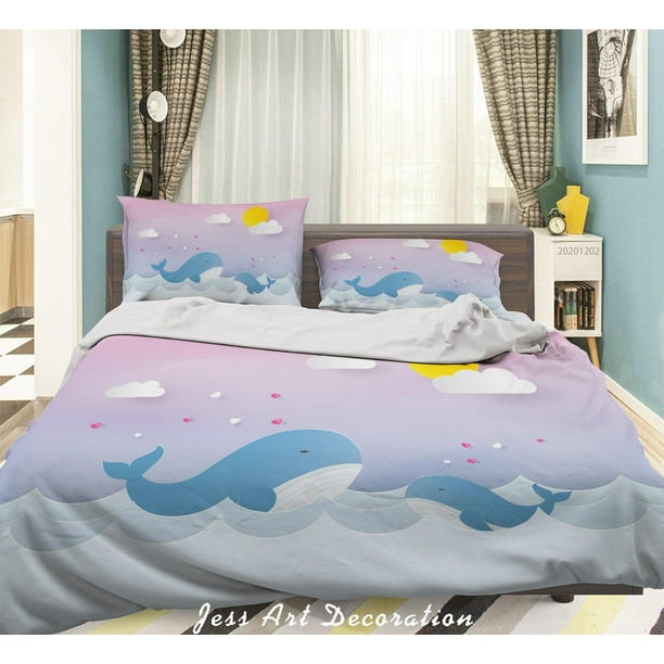 Juego De Funda De Colcha 3 Piezas Nube Soleada Océano Ballena Y Pez