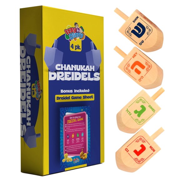 Dreidel Izzy 'n' Dizzy de Madera para Janucá Paquete de 4 Mediano