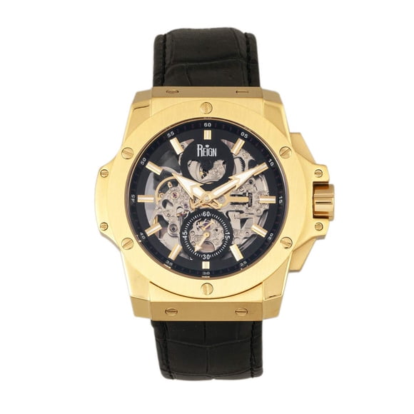 Reloj REIGN Commodus Automatic Skeleton en piel dorada/negra