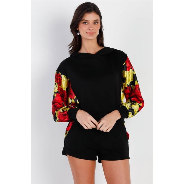 Conjunto De Top Con Capucha Y Shorts Con Estampado Floral En Rojo Y Lima Con Efecto Satén Negro