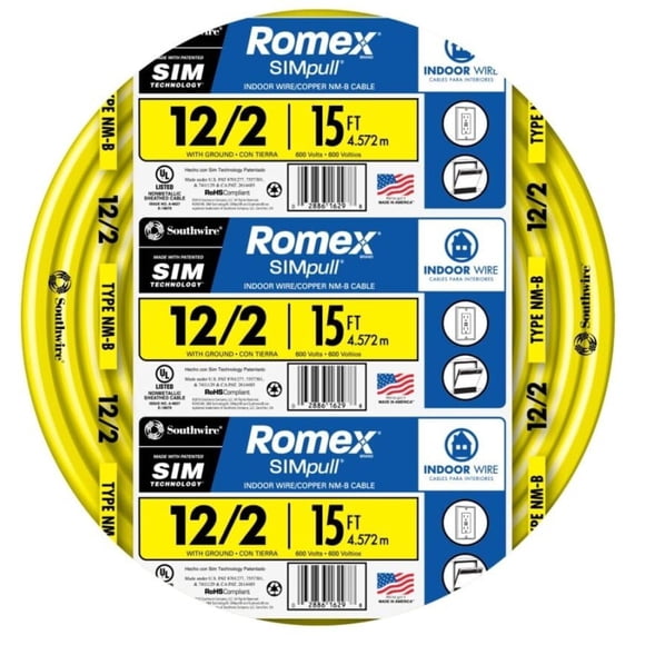Cable Southwire marca Romex Simpull Solid Indoor 12/2 W/G NMB
