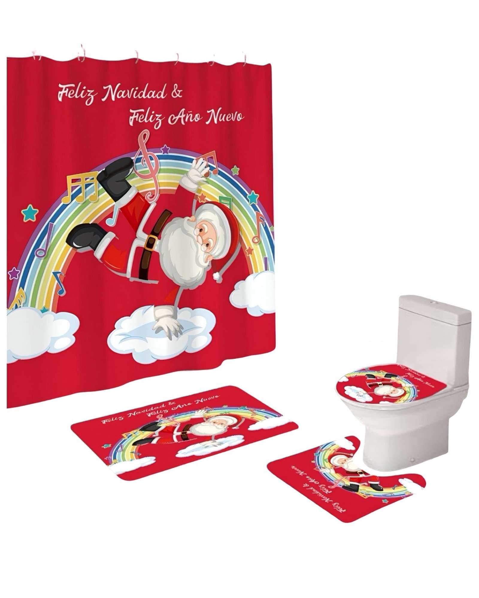 Teng Fei - Juego 4 Piezas Cortina De Baño Y Alfombras Diseño Navideño Tf05