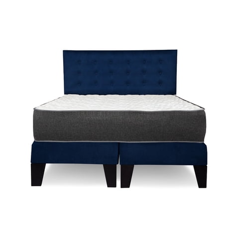 M Sole - Cama King Size Completa Base Americana + Colchón De Resortes + Respaldo Botones Azul