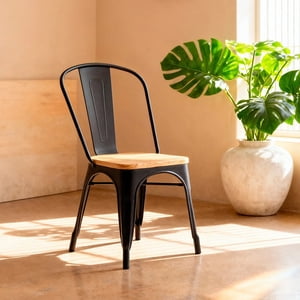 Venhoouse - Silla Tolix De Metal Con Asiento De Madera Para Comedor Negra