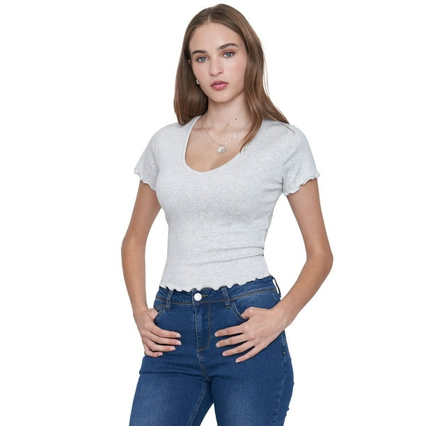 Polera Mujer M/C Rib Cuello V Roulette Gris Corona