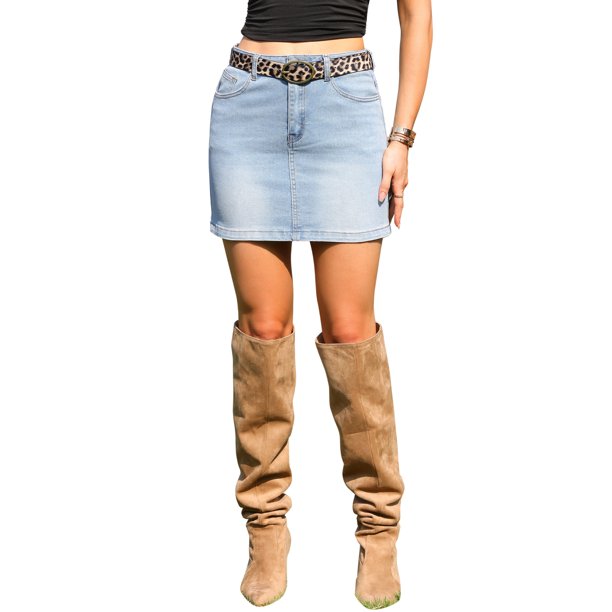 INSPIRE CHIC Faldas de mezclilla para mujer Casual Y2K Falda vaquera elástica mini con cinturón M Azul