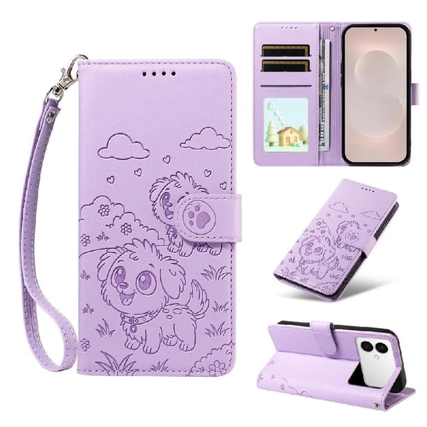 Funda Cartera para Samsung Galaxy S26 Edge Perro Cachorro Grabado con Tarjetas Soporte Correa Morado