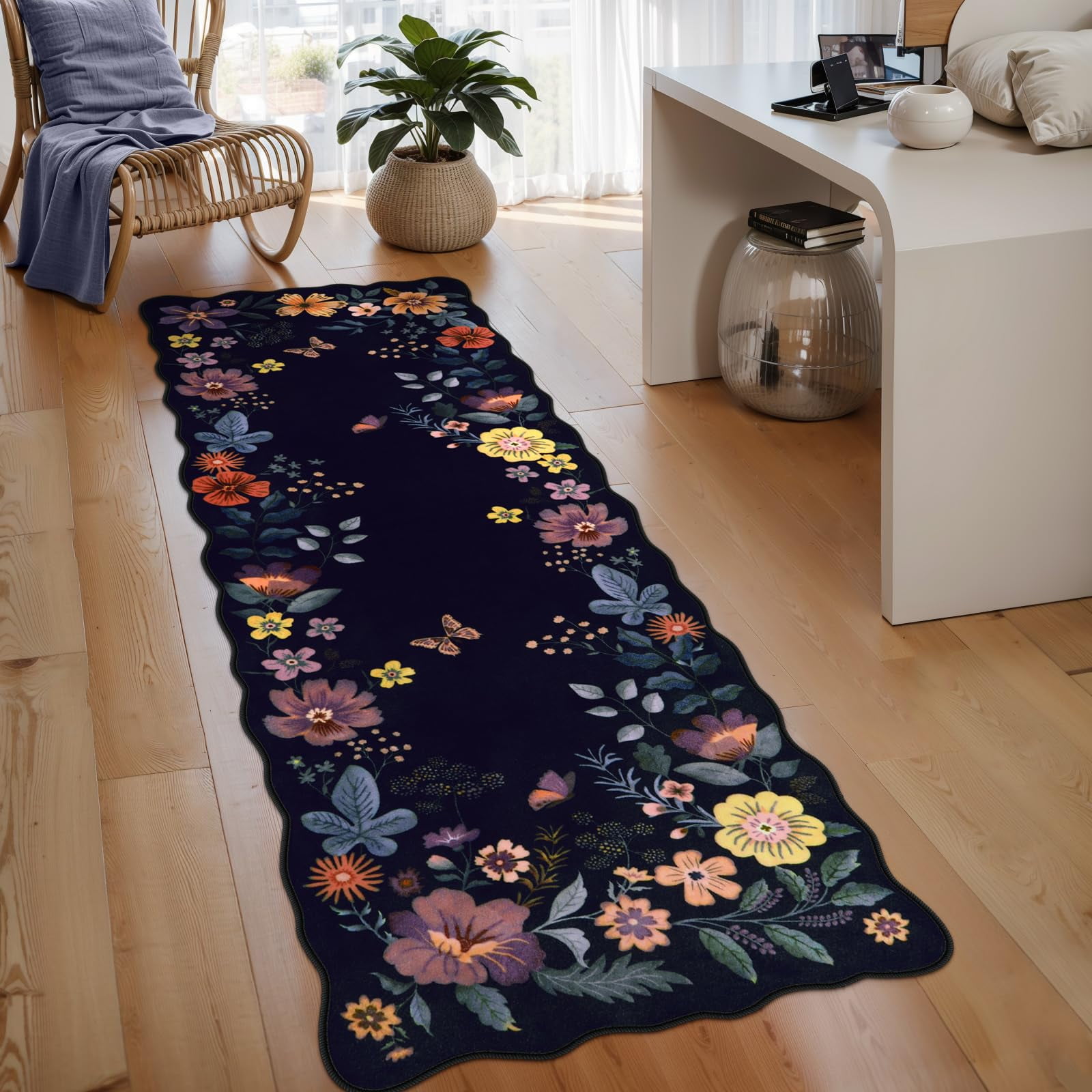 Alfombra Lahome Floral, Lavable, Antideslizante, 60 X 180 Cm, Color Morado