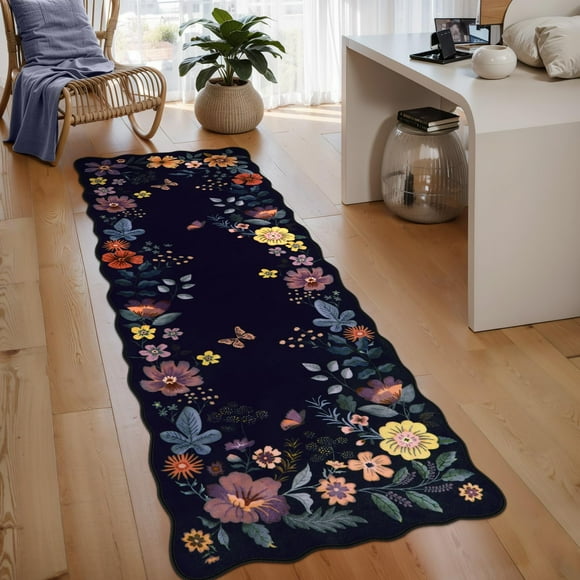 Alfombra Lahome Floral, lavable, antideslizante, 60 x 180 cm, color morado