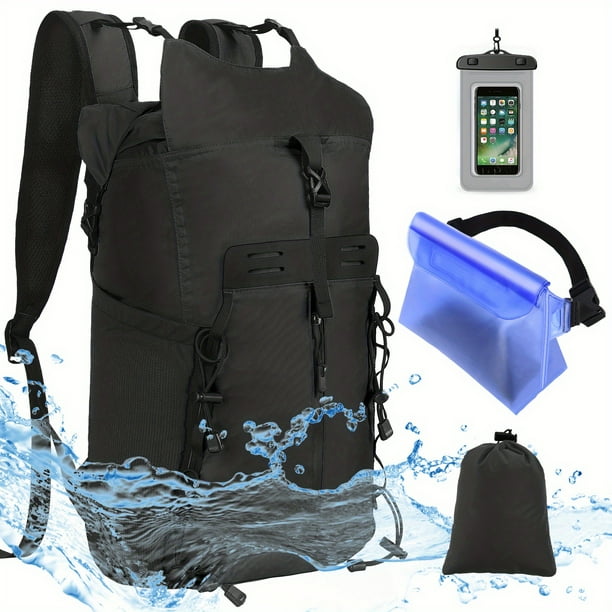 Backpack Dry Bag 30L, Roll Top Dry Backpack With Waist Bag Phone Case For Rafting Boating Kayaking Surfing Hiking, Black