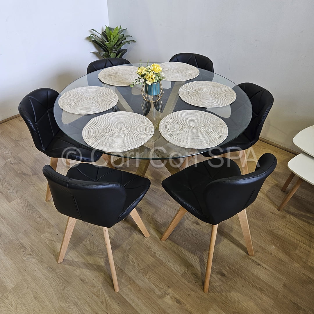Coricori - Comedor Mesa Warwick Vidrio 120cm + 6 Sillas Mariposa Wood Negro
