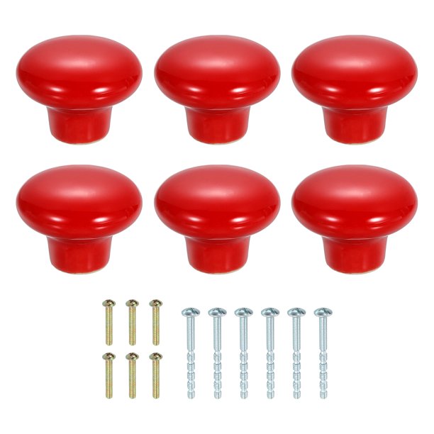 Uxcell 6 Paquete de Pomos de Cerámica para Gabinete, 32mm/1.26" Forma de Champiñón Redondo Pomos de Cajón Tiradores de Tocador con Tornillos para Armarios Muebles de Dormitorio Closet Alacena, Rojo
