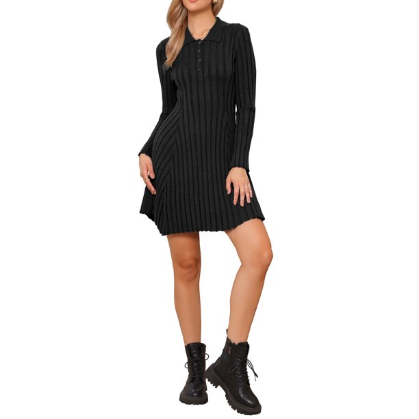 INSPIRE CHIC Vestido Suéter Plisado para Mujer Casual de Manga Larga Camiseta de Punto XL Negro
