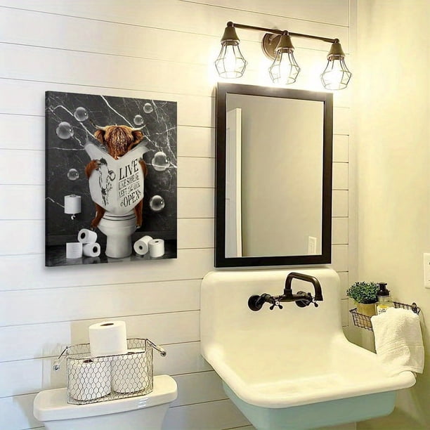 1pc Canvas Painting, Cute Animal Sitting In Toilet Reading Newspaper Napkin Canvas Wall Art Decor, For Living Room Wall Decor, Bedroom Wall Decor, Office Kitchen Bathroom Wall Decor, No Frame, 12inch*