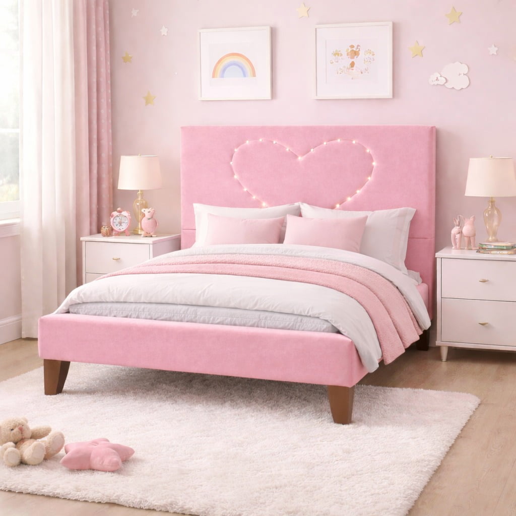 Ethan Desing - Cama Plaza Y Media Corazón Rosado Base + Colchón Mery Design Excellence Plus