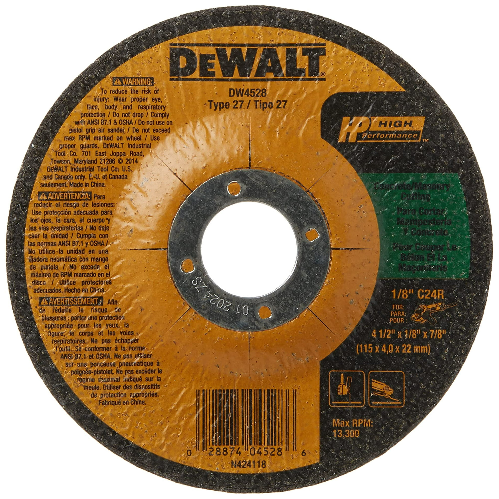 Disco De Corte Dewalt Dw4528 Para Concreto Y Mampostería De 4.5 Pulgadas