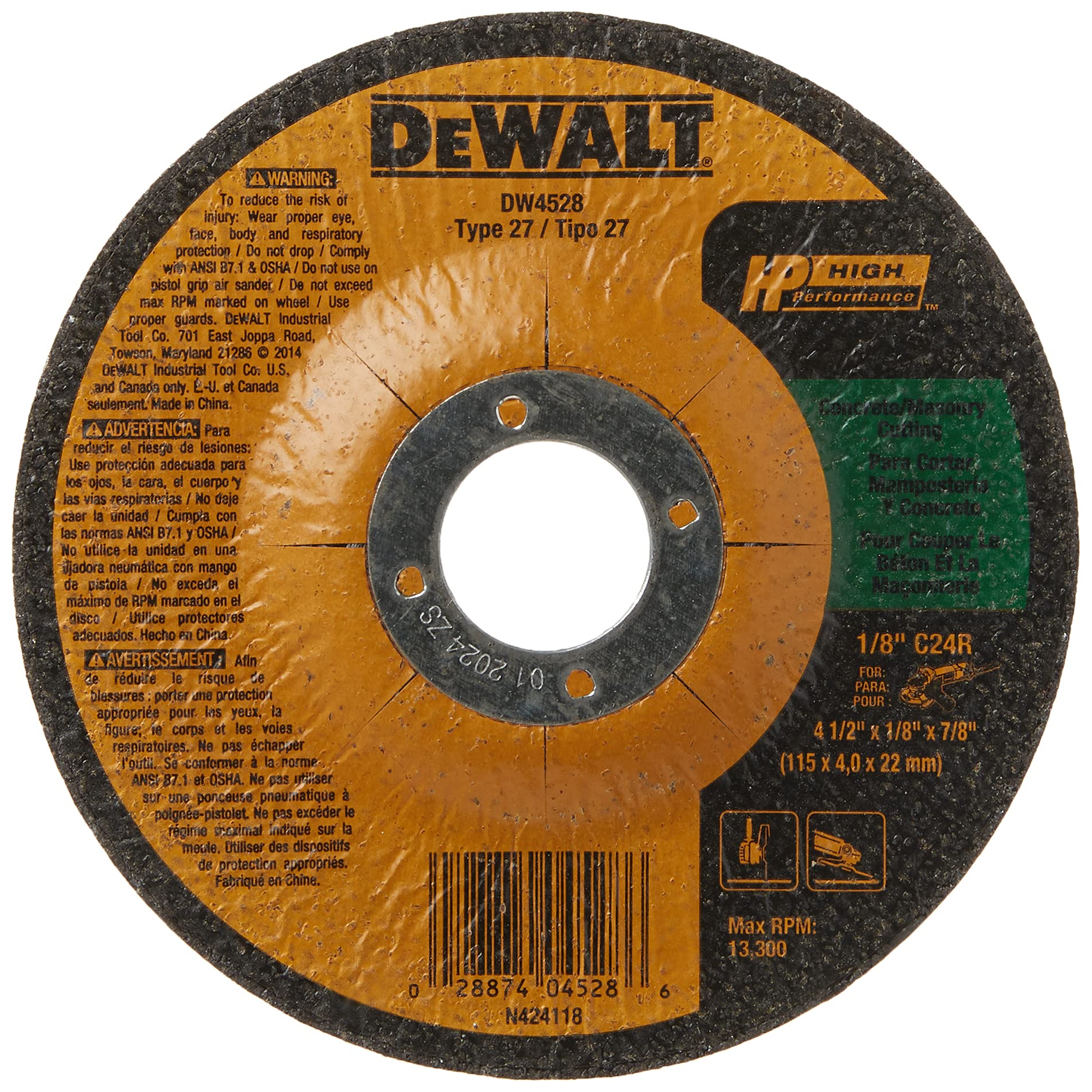 Disco De Corte Dewalt Dw4528 Para Concreto Y Mampostería De 4.5 Pulgadas