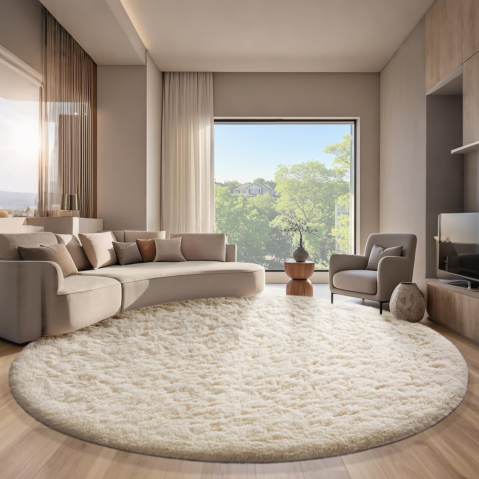 Alfombra Redonda Ophanie, 240 Cm, Color Marfil, Para Sala De Estar O Dormitorio