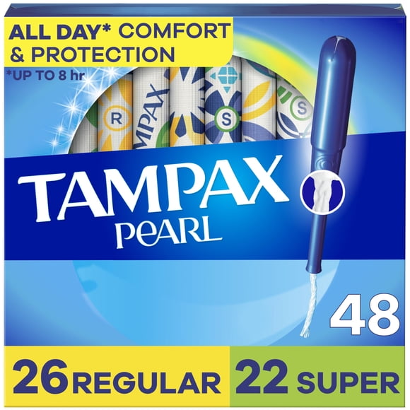 Tampones Tampax Pearl, paquete múltiple, regulares y súper, 48 unidades