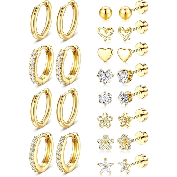 Aros tipo stud hipoalergénicos para mujer, chapados en oro de 14 quilates