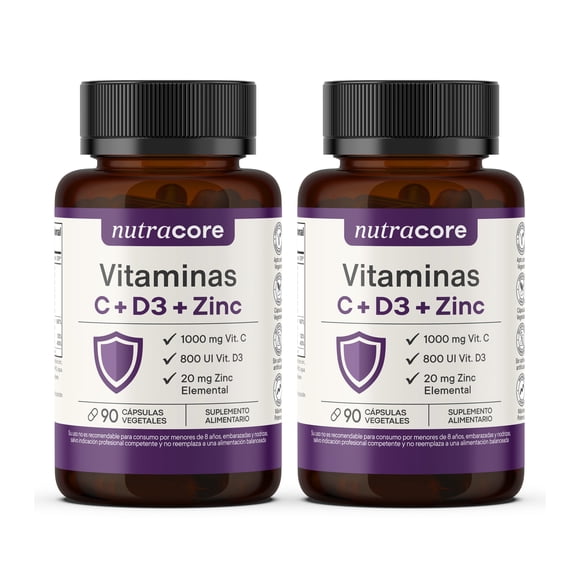 Vitaminas C + D3 + Zinc - Pack 2x90 Cápsulas Vegetales | NutraCore