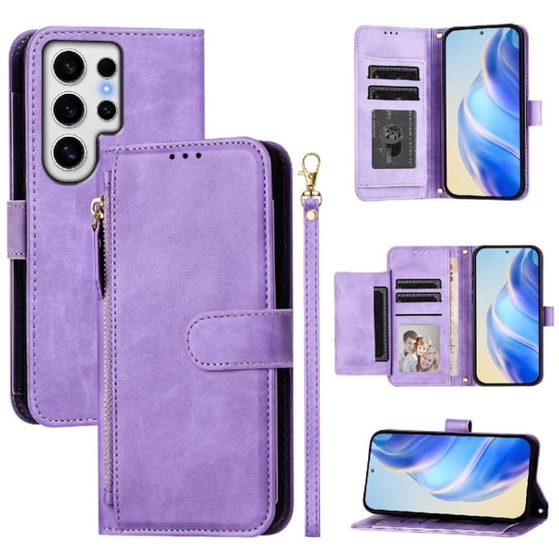 Funda Billetera Cremallera para Samsung Galaxy S24 Ultra 5G con Porta Tarjetas, Soporte y Correa Morado