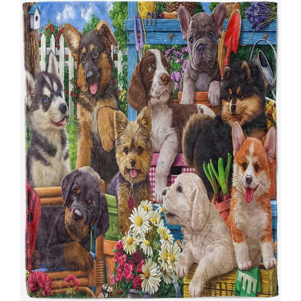 Dog Throw Blanket Soft Lightweight Plush Flannel Fleece Blanket with Oil Painting Garden Animal Dog Print Pattern for Couch Sofa Bed Travel All Season Decor Blanket for Baby Kids