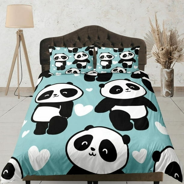 Panda lindo juego de funda nórdica dormitorio de los niños, ropa de cama verde con funda de almohada