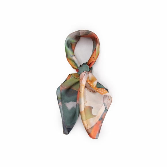 Pañuelo tipo seda 70 x 70 estampado floral con libélulas elegante beige Talla Única