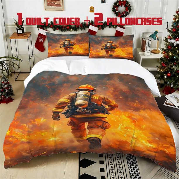 3pcs Firefighter Inspired Printed Bedding Set Soft Duvet Cover with 2 Pillowcases All Season Comfort