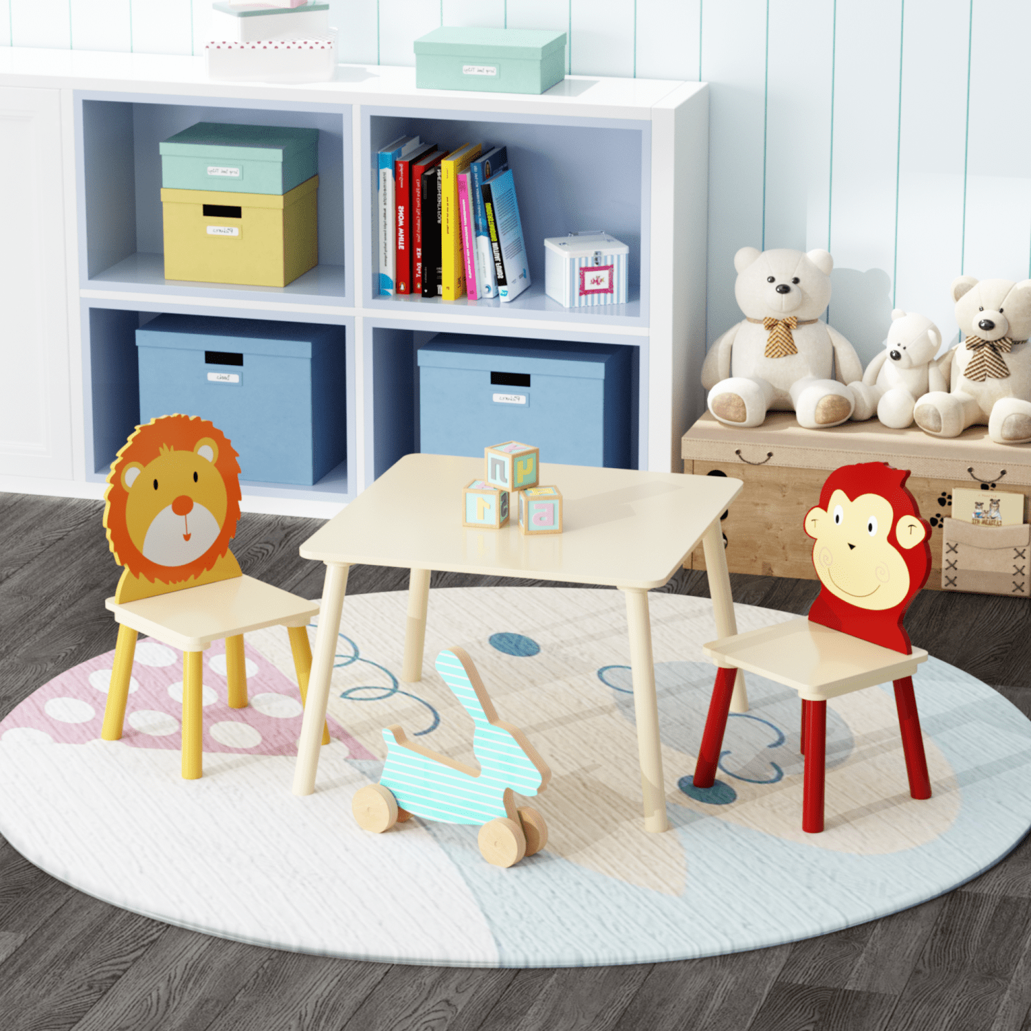 M&ms - Kids Table And 2 Chairs Set, 3 Pieces Toddler Table And Chair Set, Wooden Activity Play Table Set (lion&monkey)