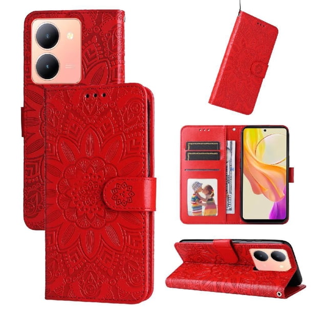 Funda tipo cartera FOXDOCK para Vivo Y36 4G/5G , diseño girasol en relieve, cuero PU, cierre magnético, soporte y tarjetero