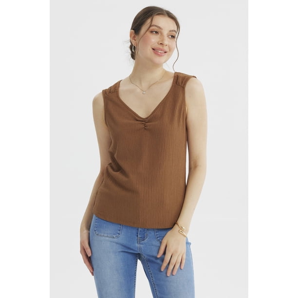 Polera Mujer Textura Recogido En Pecho Café