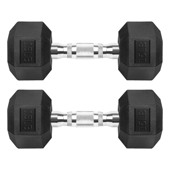 Mancuernas de hierro fundido con revestimiento de goma negra hexagonal de 15 libras (7 kg) x 2