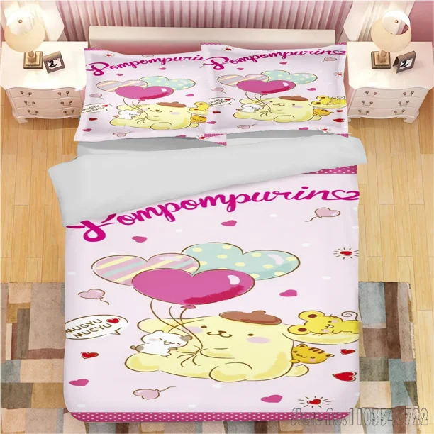 x1506 Bed SheetsAnime Cute Pom Purin Cartoon Love Child Duvet Cover Set HD Comforter Cover Bedclothes for Kids Bedding Sets Bedroom Decor 3-Piece Bedding Set (1 Duvet Cover + 2 Pillow Shams) nj1506
