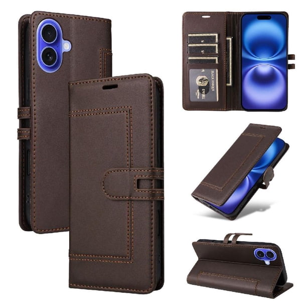 Premium Wallet Case for iPhone 16 Plus with Card Slots & Kickstand, Flip Cover Brown
