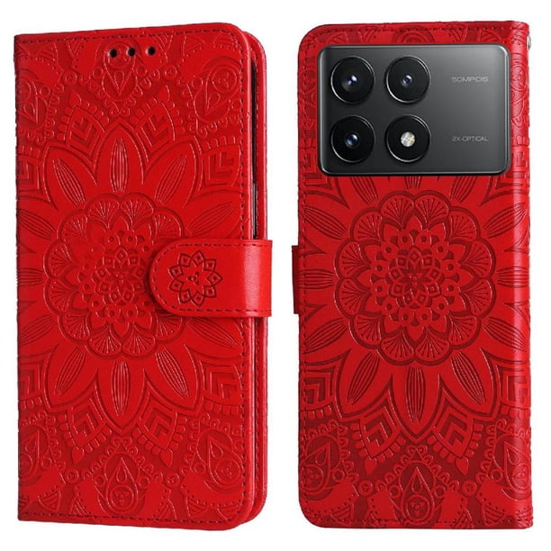 Funda tipo cartera FOXDOCK para Xiaomi Poco F6 Pro , diseño girasol en relieve, cuero PU, cierre magnético, soporte y tarjetero