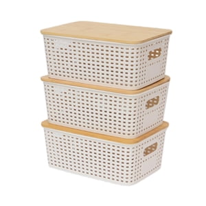 Bothyi - 3 Contenedores De Almacenamiento Con Tapas De Bambú, Cestas De Almacenamiento Para Armarios De Cocina De Sobremesa, Color Blanco