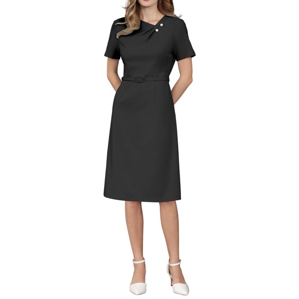 INSPIRE CHIC Vestido de Mujer Línea A Manga Corta Cuello Asimétrico Elegante Vestidos de Trabajo Empresarial con Cinturón L Negro