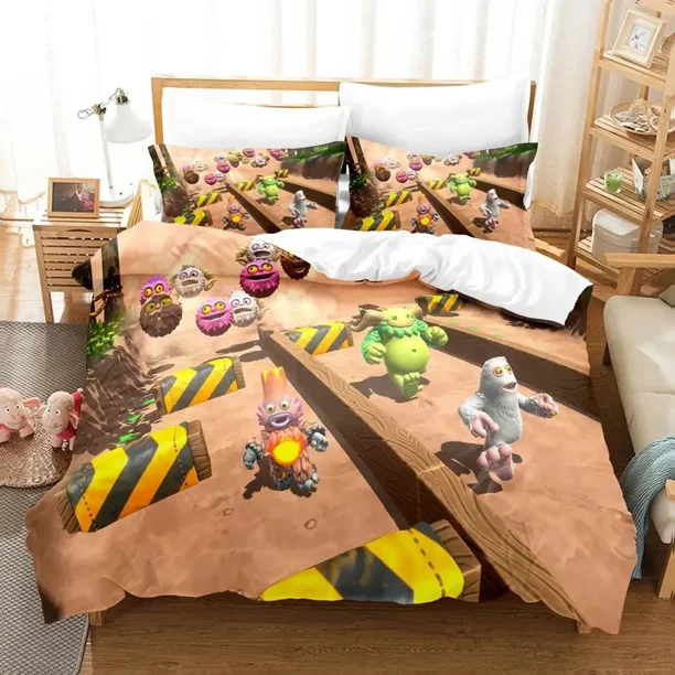 v2488 Bed Sheets My Singing Monsters Anime Bedding Set Single Twin Full Queen King Size Duvet Cover Set for Adults Boys Bedroom 3-Piece Bedding Set (1 Duvet Cover + 2 Pillow Shams) Bed Sheets ju2488